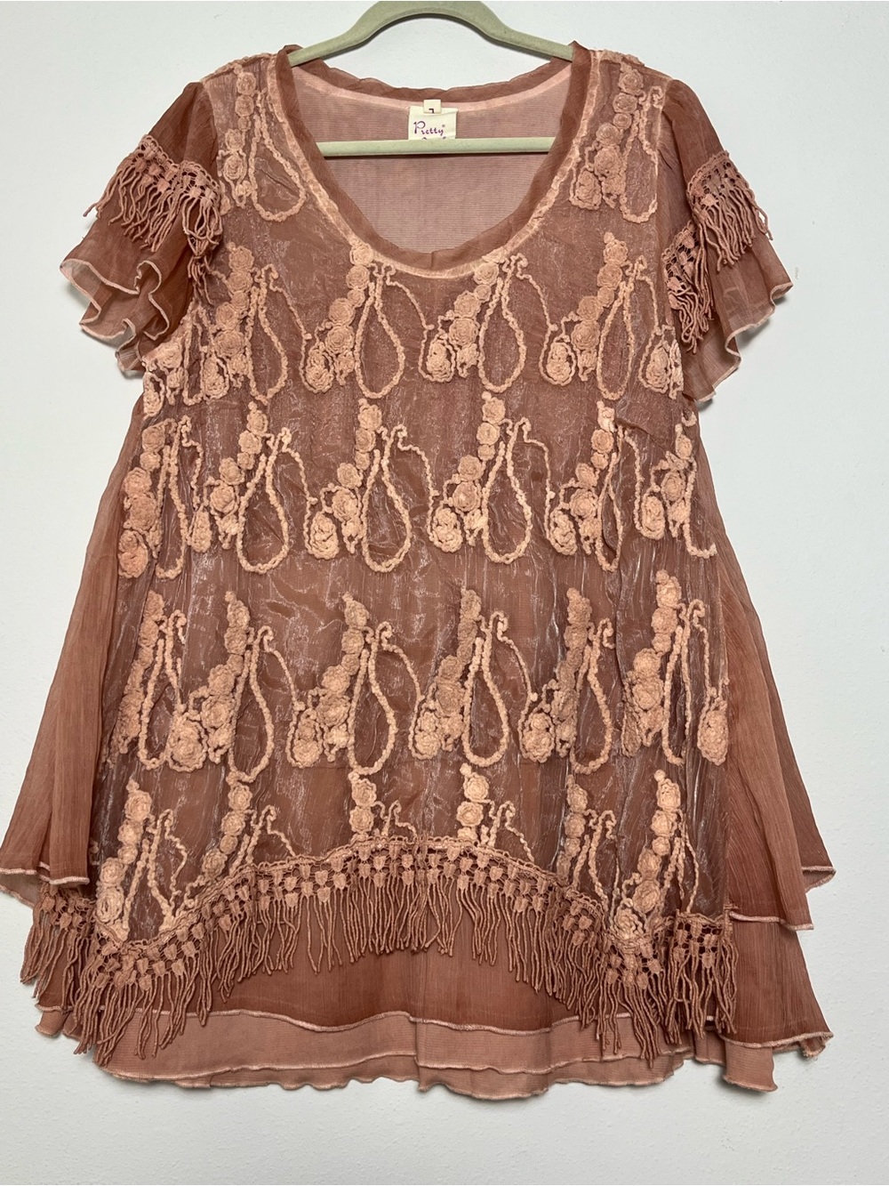 Embroidered Fairy Chiffon Fringe Top Ruffle Hem Boho Festival Renaissance Sz L